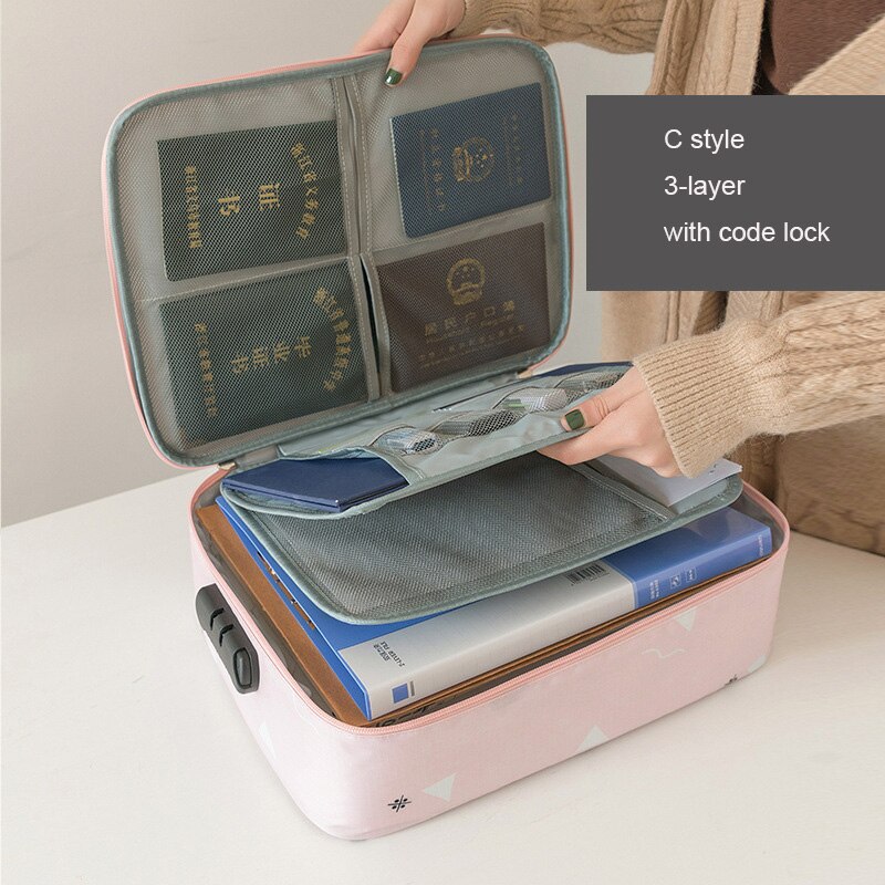Travel Documents Organizer Bag for A4 Papers Storage Certificate Diploma File Pockets Two Three Layers Code Lock Choose: C style 2