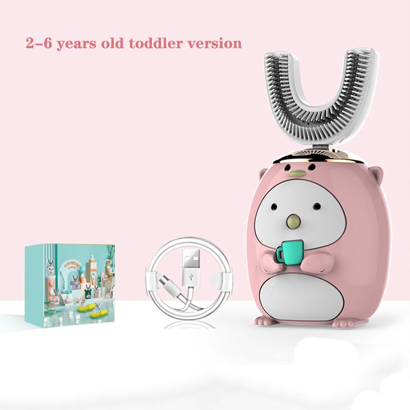 U Shape Smart 360 Angle Cartoon Teeth Cleaner Electric Toothbrush for Kids 2-6Y Teether Automatic Ultrasonic Teether Waterproof: pink 2-6 years old