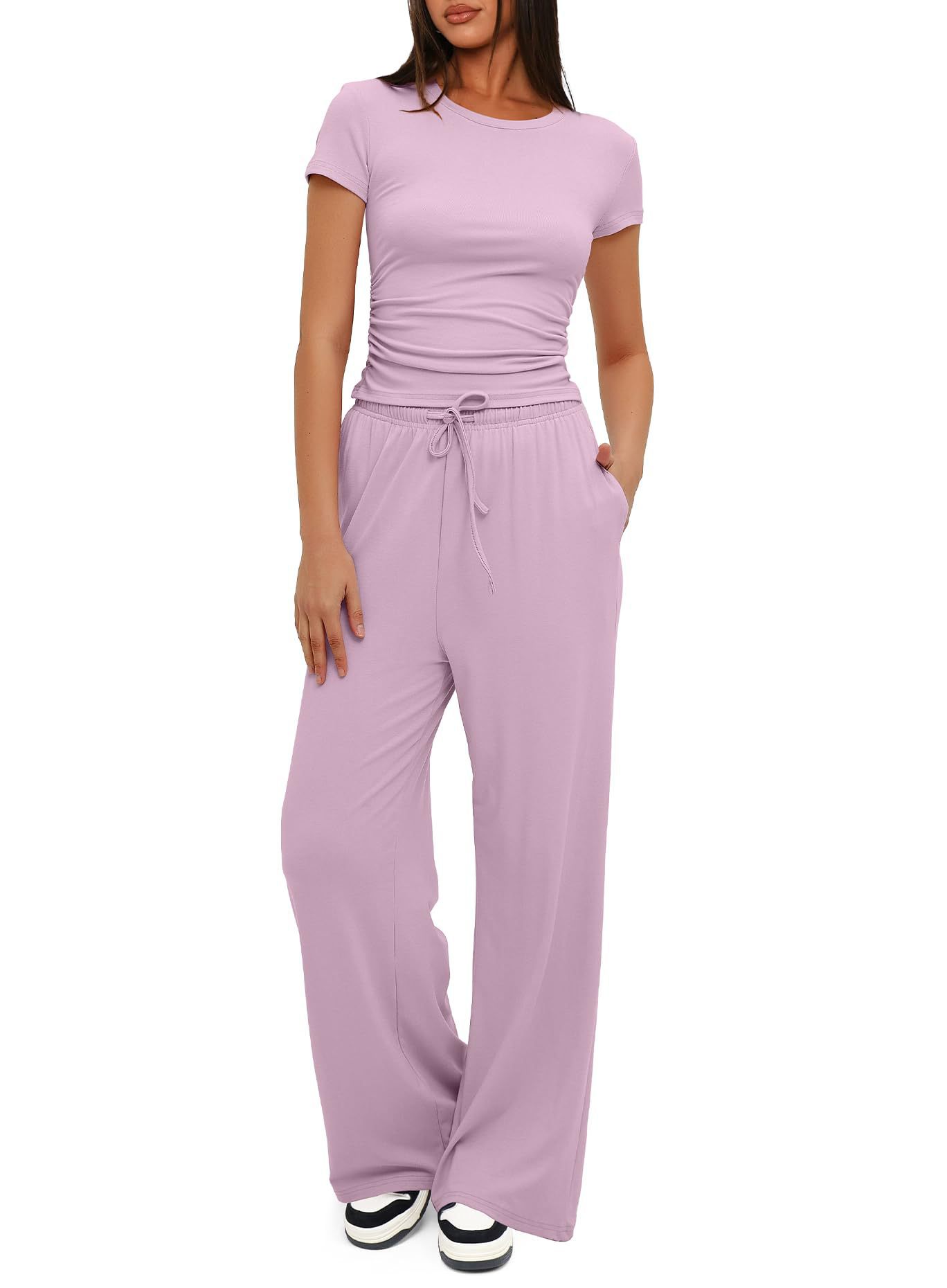 Conjunto de dos piezas para mujer, camiseta y pantalones de pierna ancha, manga corta, cintura alta, sólido, multicolor, deportivo, Yoga, chándal informal: S / Rosa