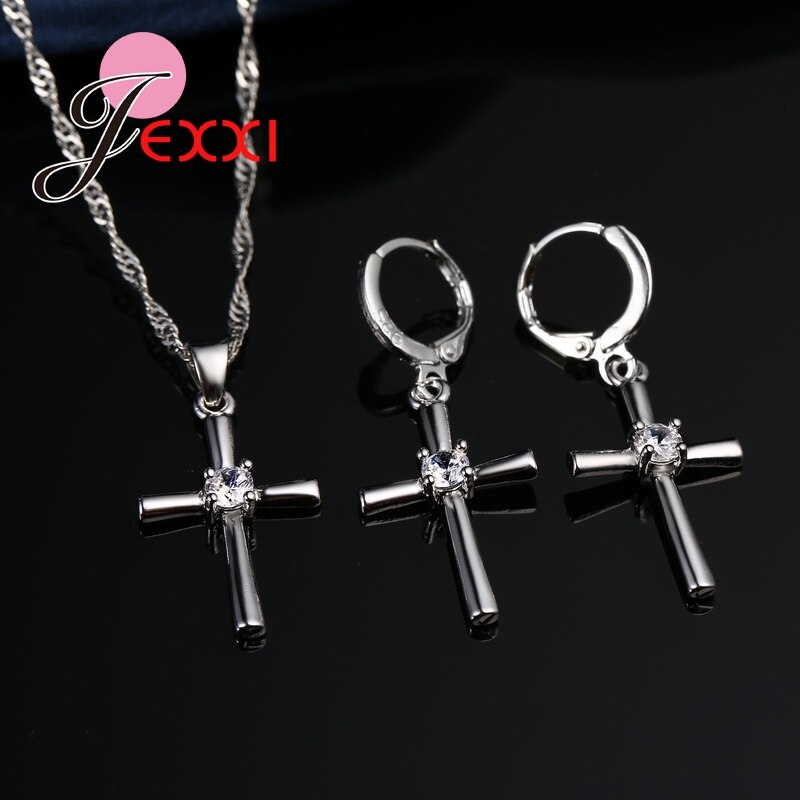 Classice Cross Shape Crystal 925 Sterling Silver Necklace Earrings Pendants Jewelry Set For Women