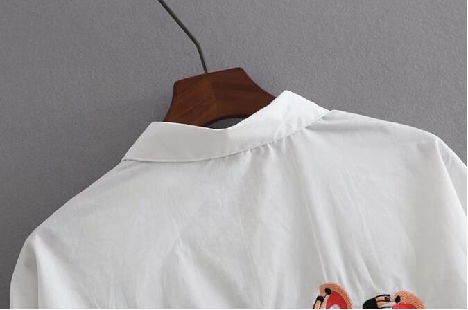 Chic flamenco pájaro bordado camisa blanca mujer solapa manga larga media blusa larga