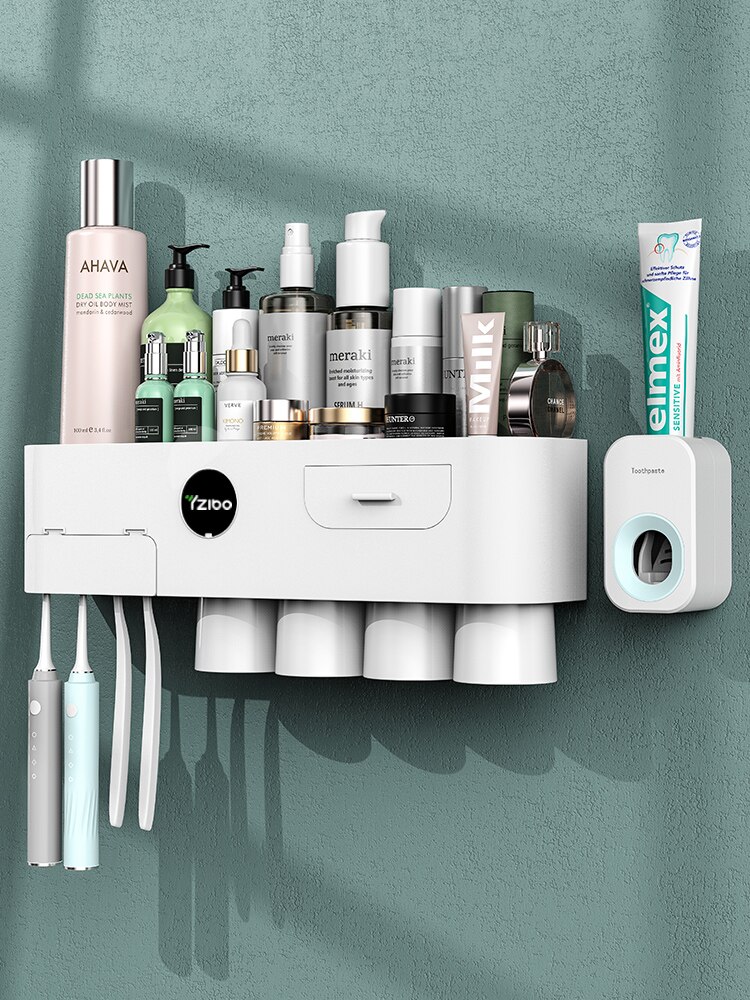 Gesew magnetisk tandbørsteholder dobbeltlags tandbørsteholder til badeværelse auto tandpasta klemmer badeværelse tilbehør: 4 kopper sæt