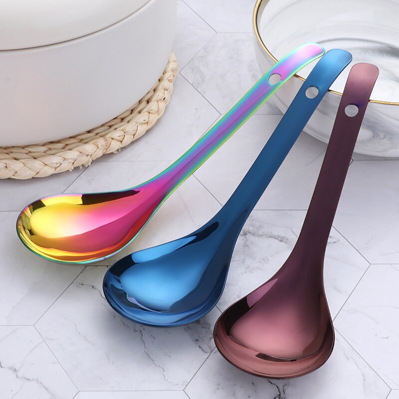 1PCS Rice Serving Spoon 18/8 Stainless Steel Long Handle Soup Porridge Rice Scoop Gold Tableware Spoon Dinnerware Kitchen Tools