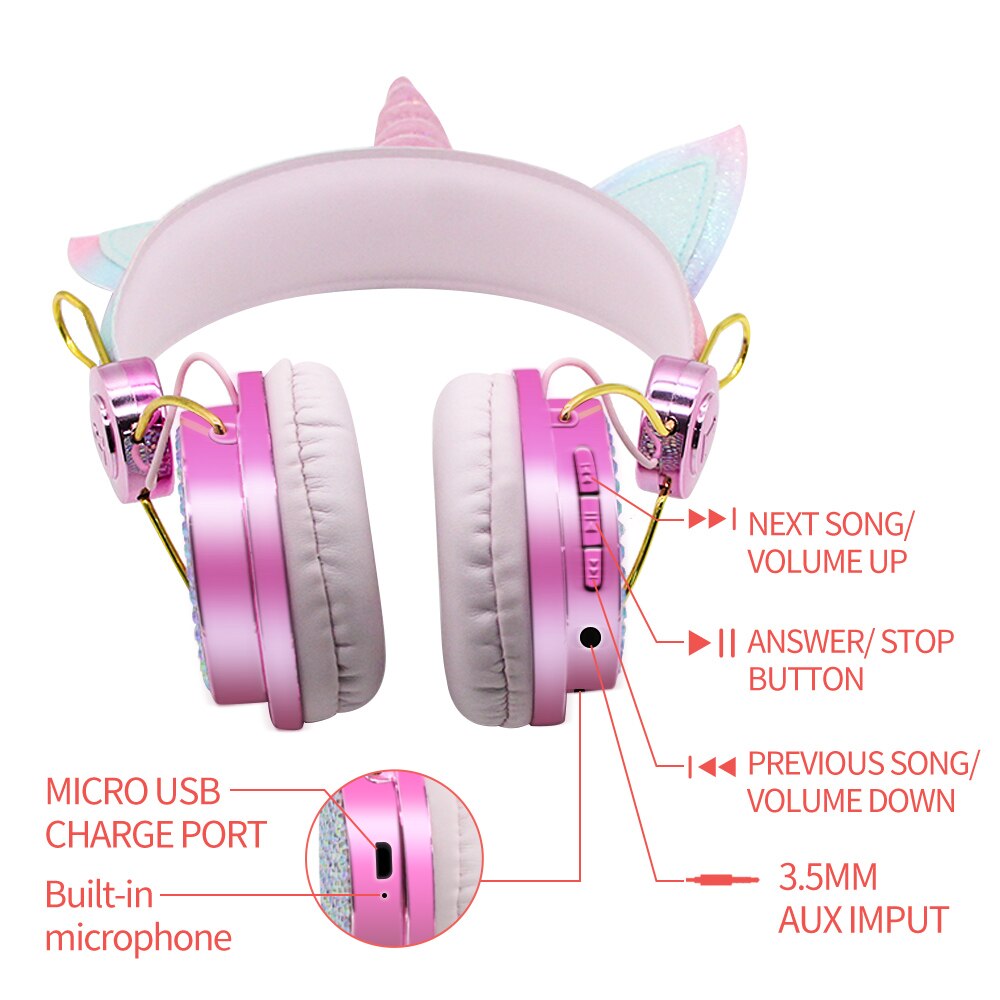 Eenhoorn Kids Draadloze Hoofdtelefoon Met Mic Leuke Meisjes Muziek Helm Laptop Cascos Bluetooth 5.0 Telefoon Gaming Headset Kinderen