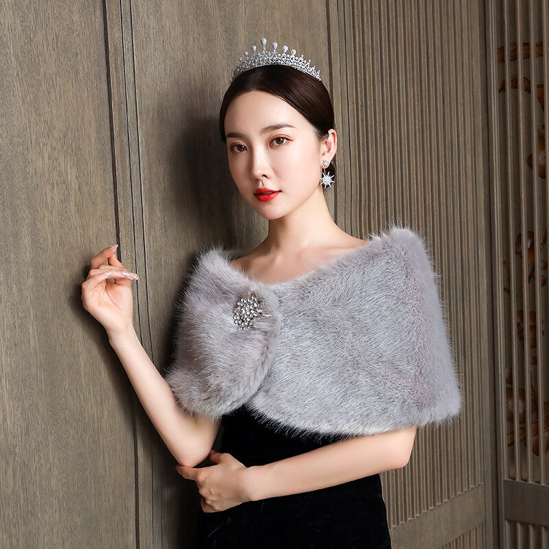 Colorful Women Wedding Jackets White Red Faux Fur Bolero Bridal Shawl Wraps Shrug Winter Evening Party Coat: gray