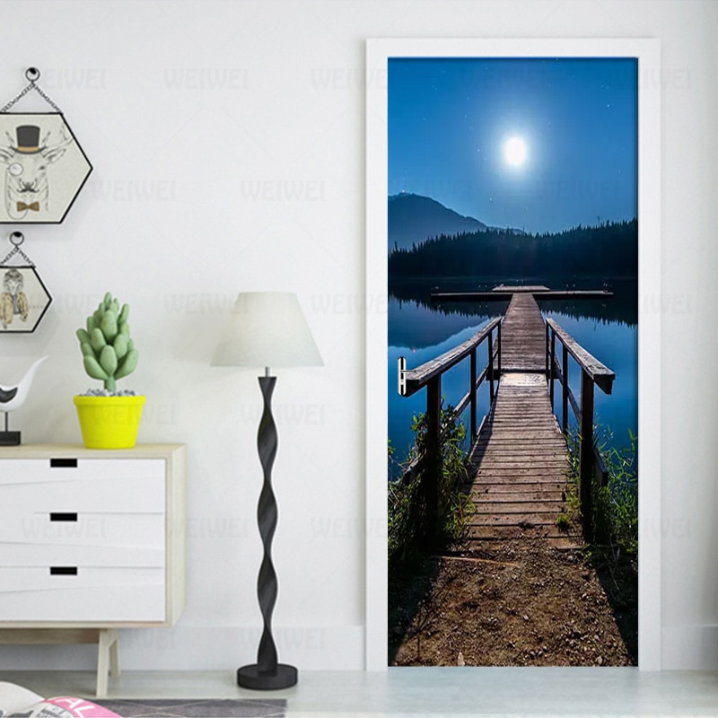 3D Wallpaper Night Lake View Wooden Bridge Mural Living Room Study Room 3D Door Sticker PVC Self Adhesive Waterproof Wall Paper