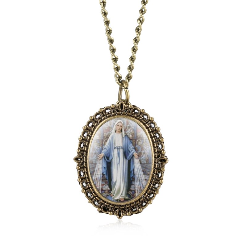 Retro katolsk välsignad jungfru mary kvarts fickur brons souvenir hänge halsband klocka för män kvinnor