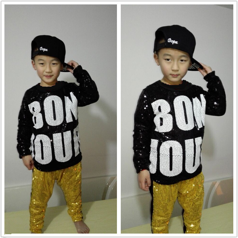 Child hip hop jazz modern dance Paillette clothing hip hop kids Sequined t shirt performance wear child costume