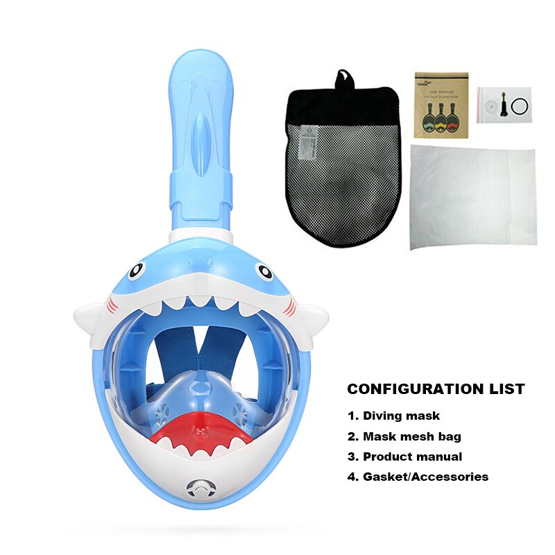 Mascarilla de buceo con forma de tiburón para niños, máscara de silicona, plegable, tubo de respiración completamente seco, equipo de natación