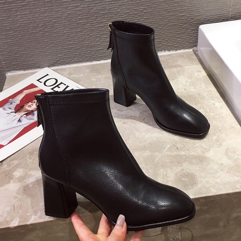 Luxe Vrouwen Beige 7Cm Blok Hoge Hakken Enkellaarsjes Winter Vrouwelijke Vierkante Neus Chelsea Laarzen korte Laarzen: Black / 6