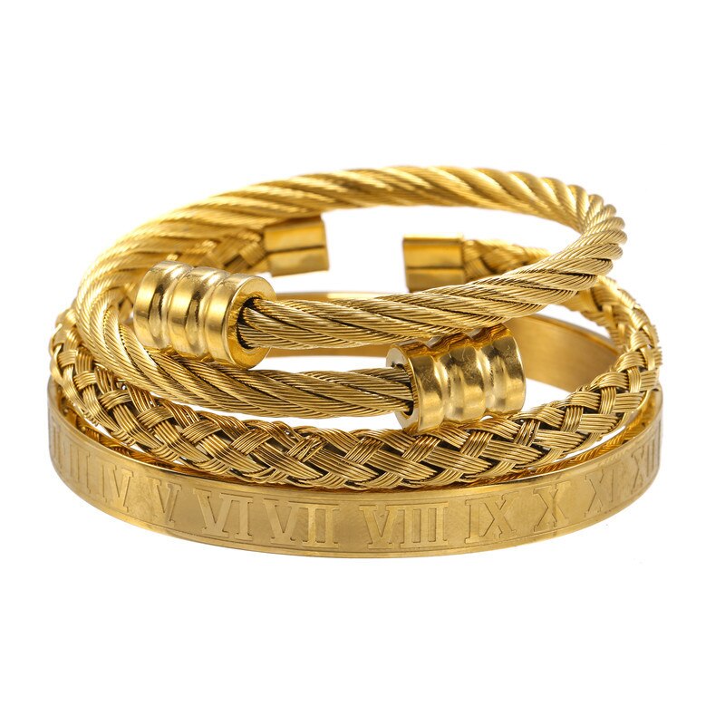 Luksus 3 stk / sæt charm armbånd guldfarve hip hop mænd rustfrit stål armbånd romertal armbånd smykker