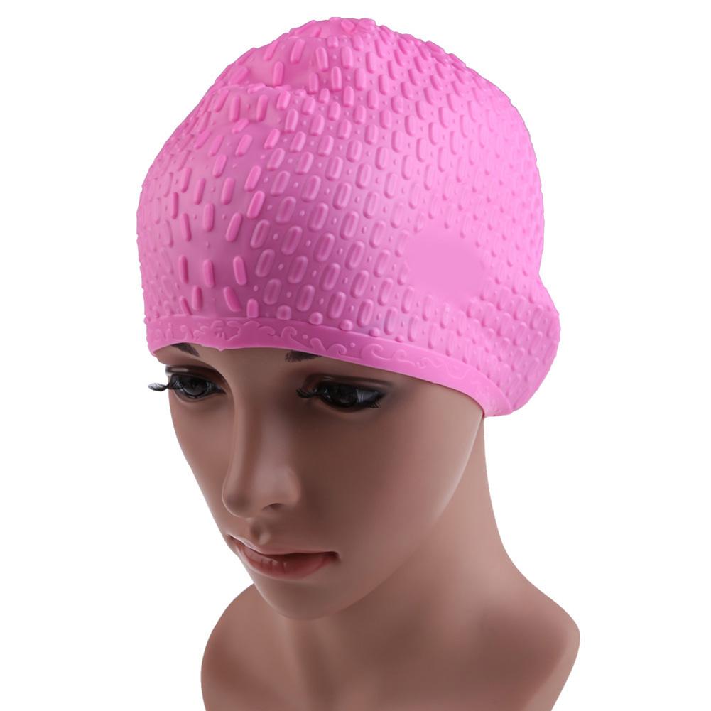 Vandtæt svømmedæksel silikone vandtæppe flerfarvet beskyttende ører langt hår sport svømning pool hat til voksen: Lyserød