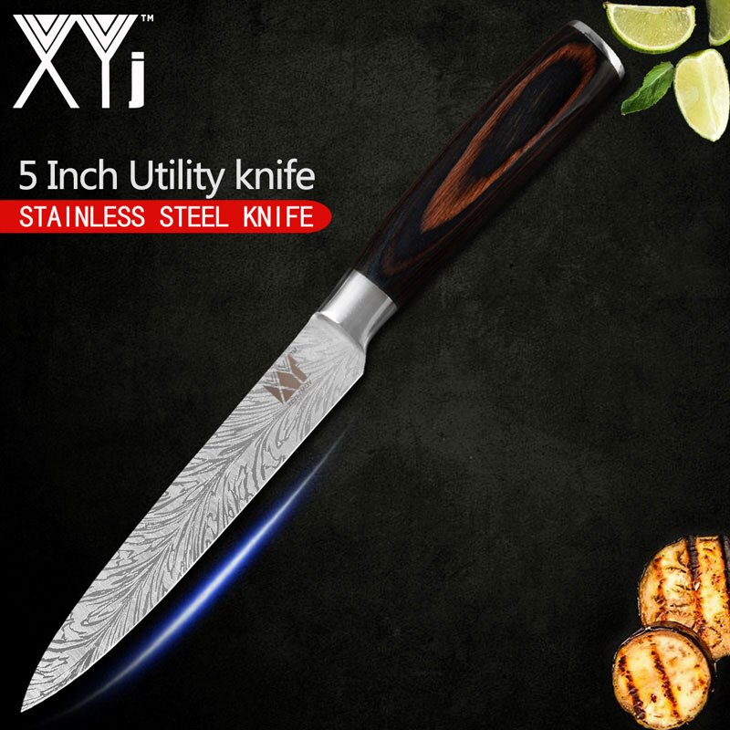 XYj Stainless Steel Kitchen Knives Set 8'' INCH Knife Storage Box Holder Damascus Pattern Veins Blade Full Tang Blade Accessory: 5 inch utility