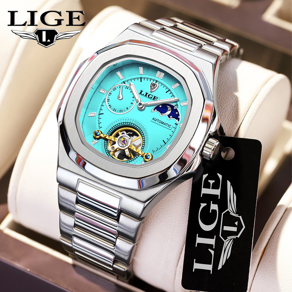 Reloj LIGE Tourbillon de doble segundo, reloj mecánico de 24 horas, reloj auténtico de acero inoxidable para hombre, reloj resistente al agua con brillo nocturno para hombre
