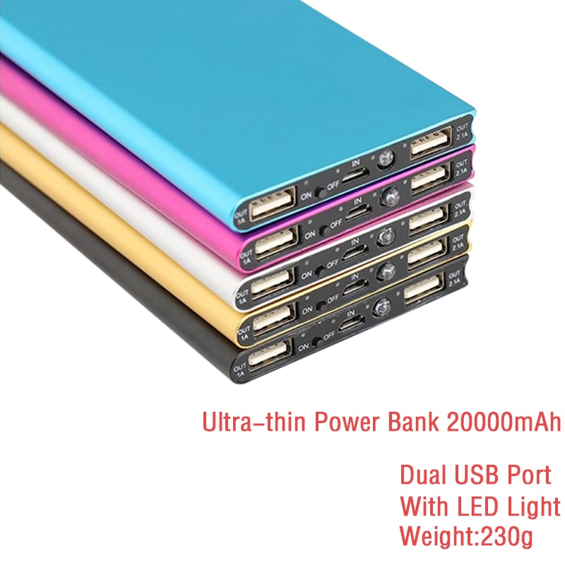 Slim Power Bank 20000Mah Draagbare 2 Usb Externe Batterij Oplader Powerbank Met Led Licht Voor Xiaomi Voor Iphone 8 X Smart Telefoons