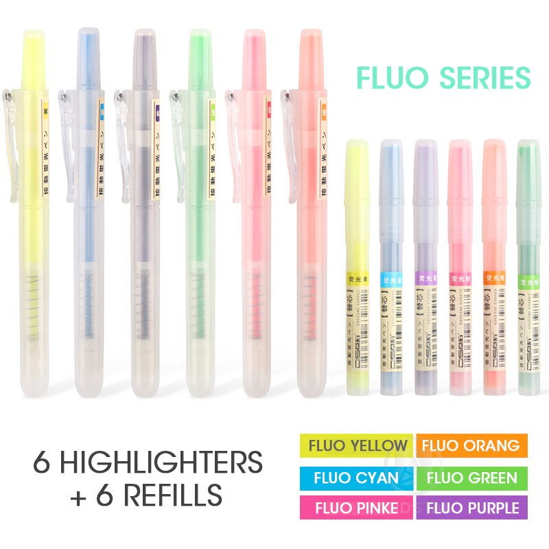 Andstal unik pastel / fluo / blød / retro udtrækkelig highlighter pen 6/12 stk fluorescerende farve til skolemarkør papirvarer kontor: 12 stk fluorescerende