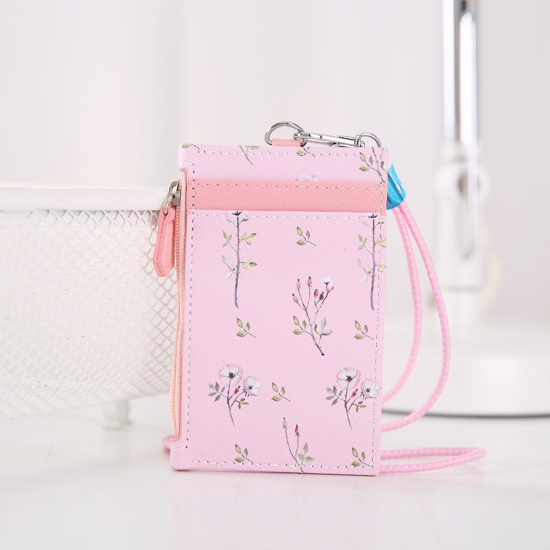 Purdored 1 peça suporte de cartão floral fofo feminino flores titular cartão caso de identidade com cordão id ic porta cartão com chaveiro: pink flower