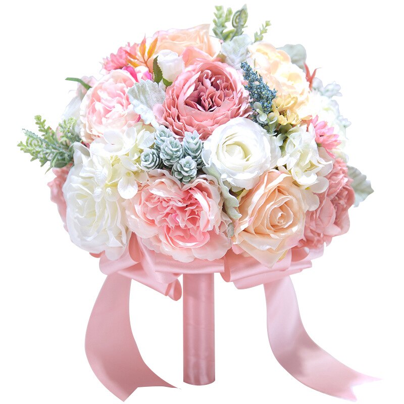 Uniek boeket mariage bruiloft bloemen bruidsboeketten lint fleur novia kunstmatige rozenboeket bruiloft accessoires  ph005: Roze