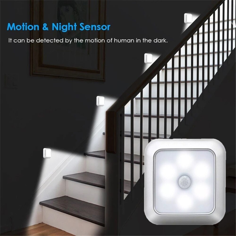 Battery Powered 6 LED Square Motion Sensor Night Lights PIR Wireless Induction Under Cabinet Light Closet Lamp Stairs Kitchen