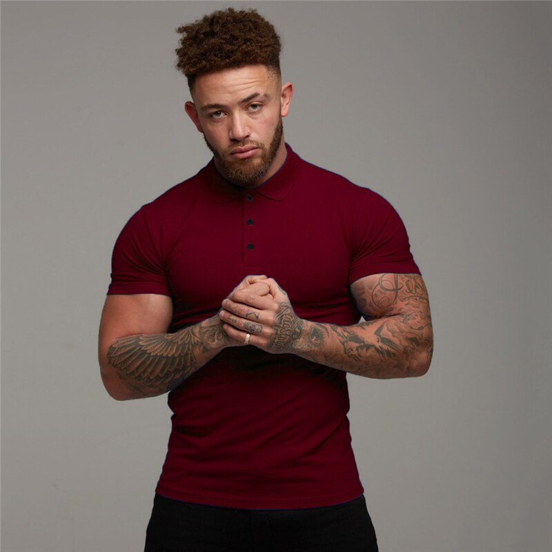 Running T-shirt Men Sports Short Sleeve Polo Shirts Summer Slim Fit Turn Collar Gym Bodybuilding Fitness Polo Shirt plus size: Wine Red / L