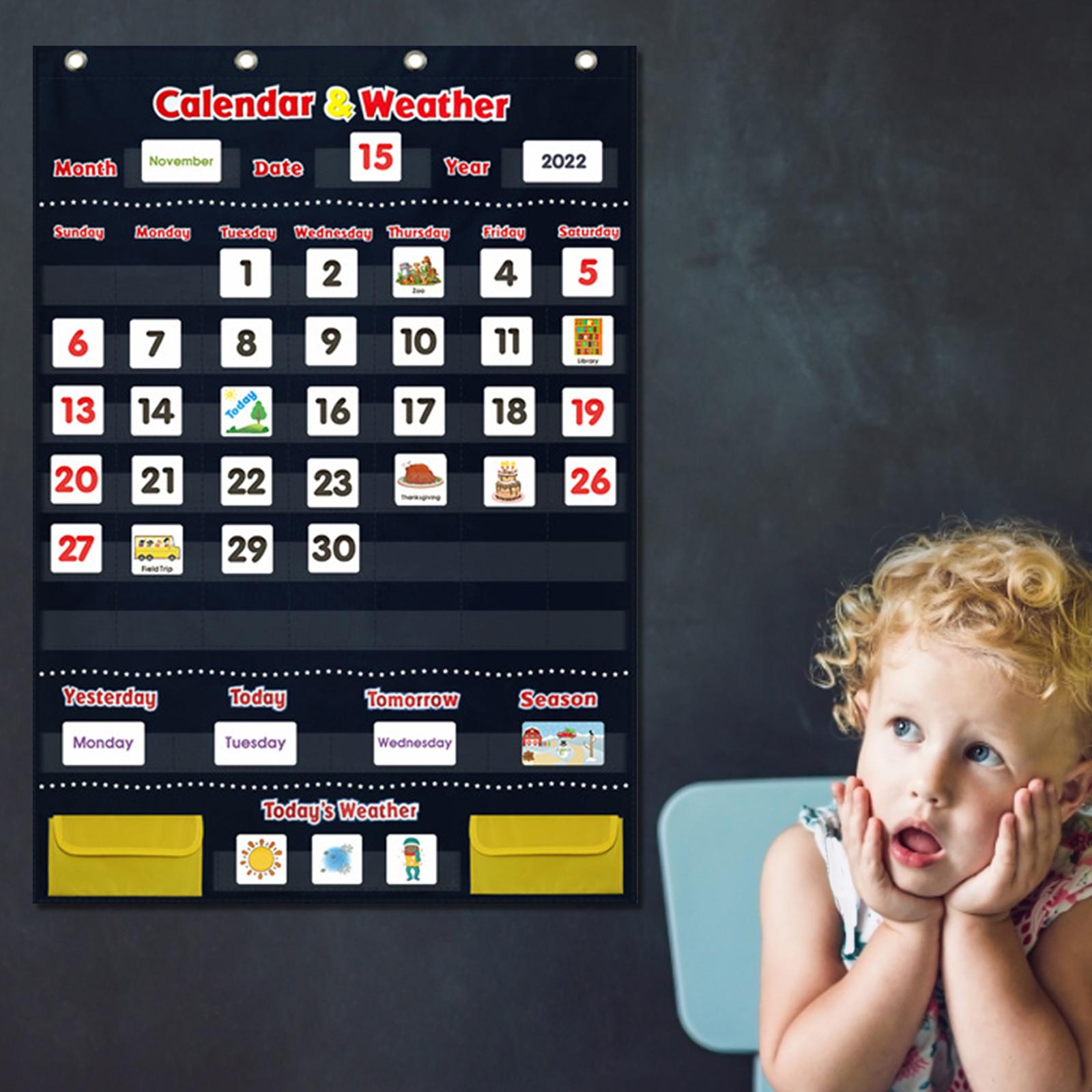 Toddlers Calendar and Weather Pocket Chart Educational Toys &amp; 4 Hooks with 142 Cards for Classroom Nursery Preschool , 44x27"