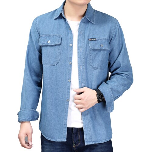 Cowboy skjorte herre forår denim bluse lange ærmer herre plus størrelse solid blå bomuld work casual skjorter til mænd dress shirt: Lyseblå / L