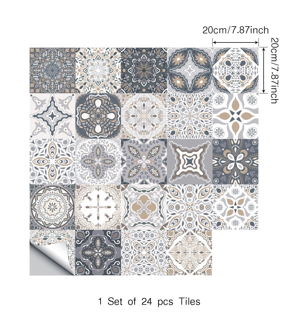 24 Pcs Waterproof PVC Retro Pattern Floor Tile Stickers Kitchen Wall Oilproof Sticker Home Decoration Living Room Decor: 20x20cm
