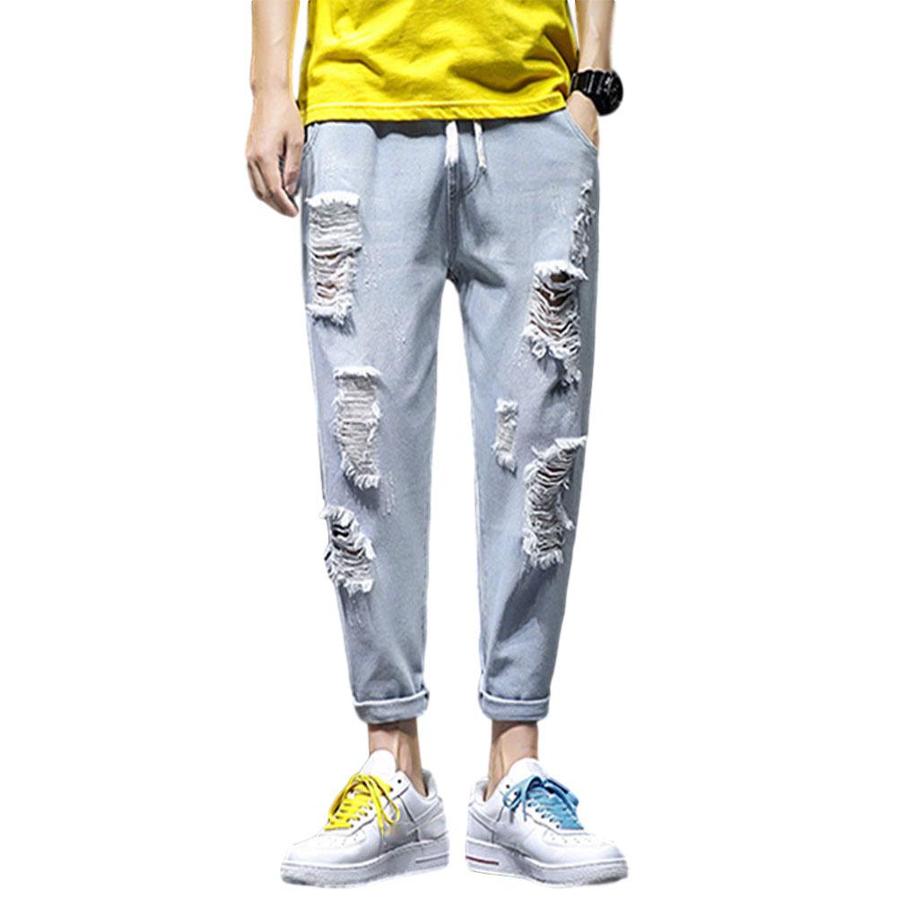 Missky jeans til mænds harembukser ensfarvet tynd sektion plus størrelse løs ankel-længde flået bukser til mandlig sommer forår: S