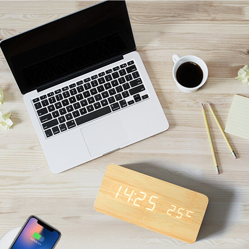 Led træ vækkeur ur bord stemmestyring vågne lys digitalt træ ur alarm usb/aaa powered ure bord boligindretning