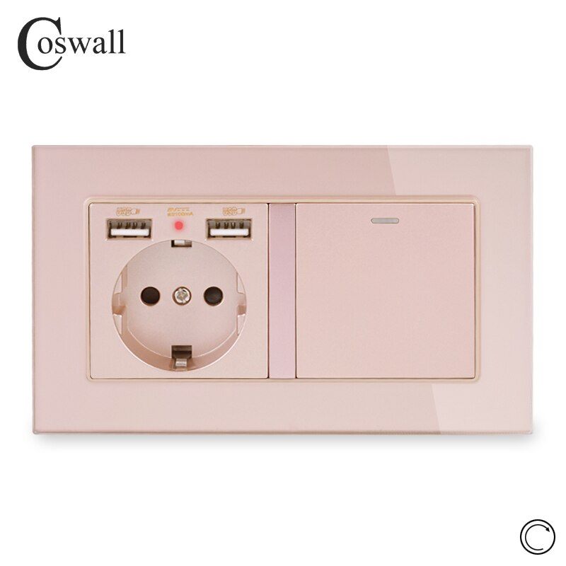 COSWALL EU Russia Spain Wall Socket With 2 USB Charge Port + 1 Gang Reset Momentary Contact Push Button Light Switch Glass Panel: Gold