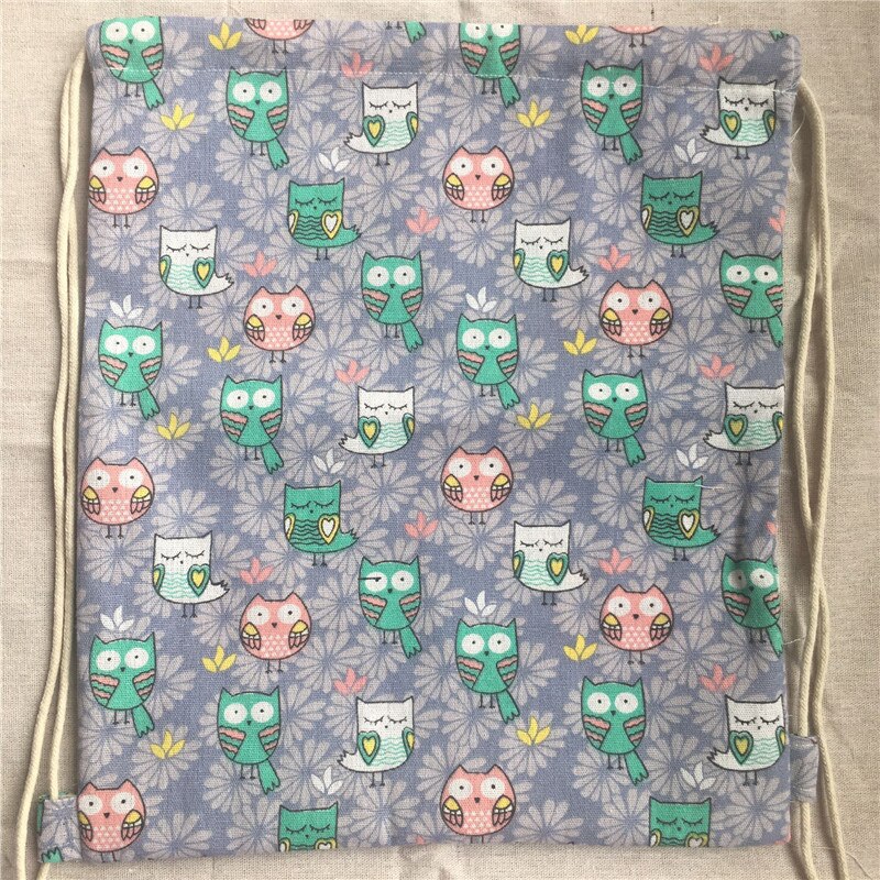 Cotton Linen Drawstring Backpack Student Book Shoes Bag Owls Purple flower Base 2033d