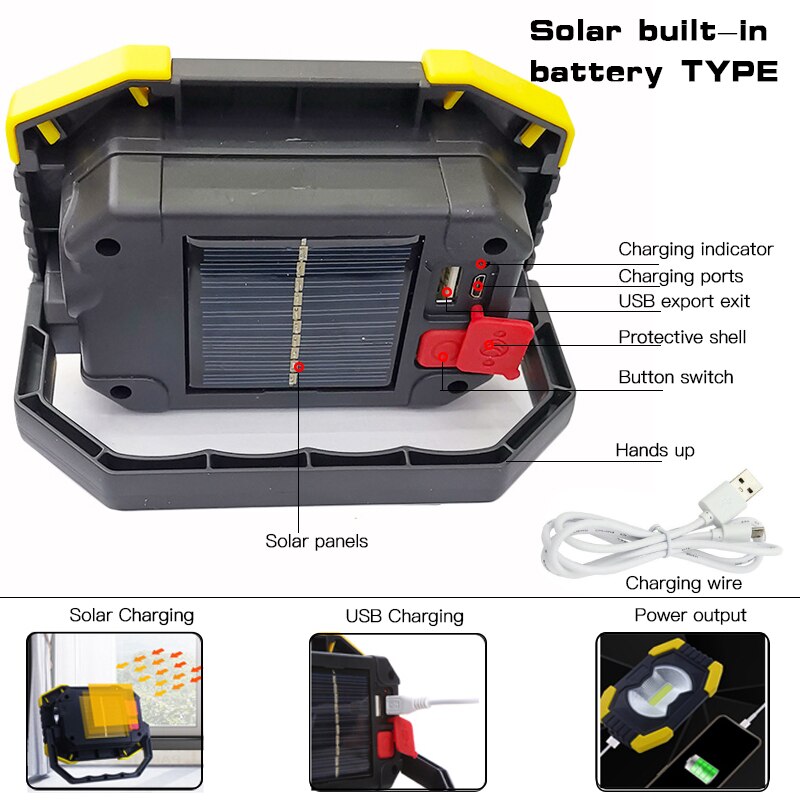 100w bærbare spotlight led arbejdslys usb genopladelig lommelygte solenergi lys bygget -in 2400 mah batteri til camping lys