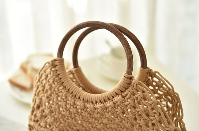 Women's Hollow Out Mesh Rope Weaving Buckle Travel Handbag