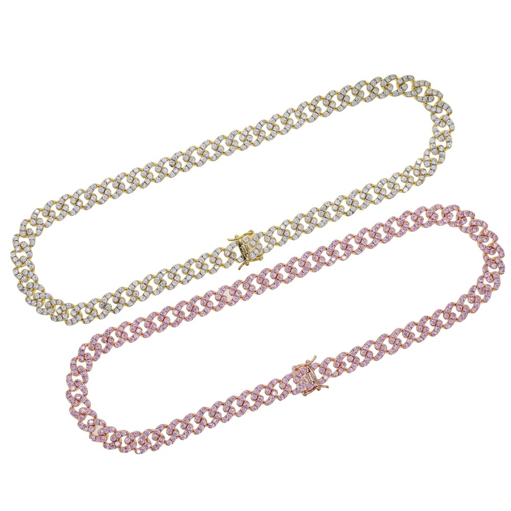 10mm iced out bling cz Miami cuban link chain Two tone With White &Pink cz choker necklaces silver color women jewelry