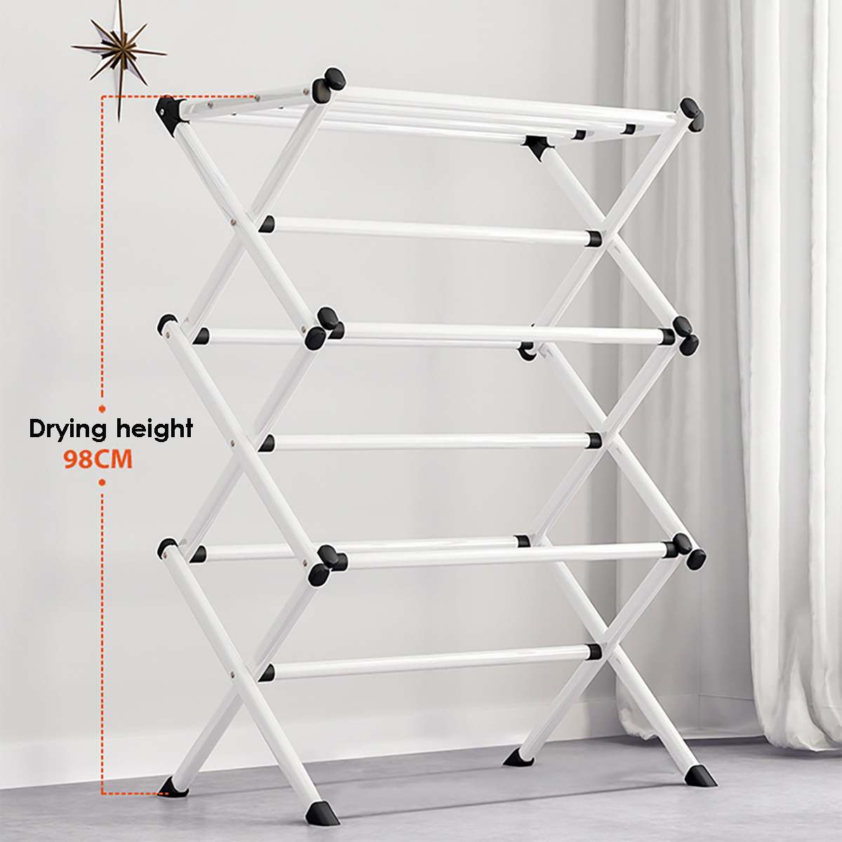 Iron Folding Clothes Drying Rack Indoor Outdoor Laundry Airer Room Storage Stand Foldable Clothes Drying Laundry Rack - White
