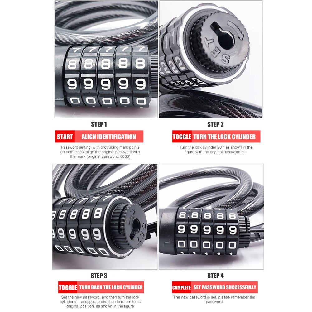 Five-digit Password Lock Steel Wire Lock Cycling Bicycle Anti-theft Bike Safety Portable Waterproof Cycling Elements