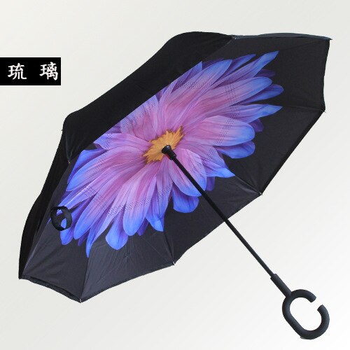 Gancho C, a prueba de viento paraguas inversa vástago largo invertida doble capa soporte autónomo protección contra la lluvia paraguas de la gota