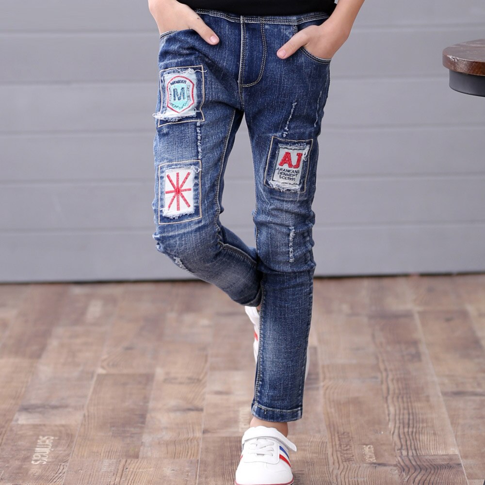 Pantalones vaqueros de cintura elástica para niñas, pantalón largo con parche de personalidad, a la , para Primavera, 4, 8, 10 y 12 años