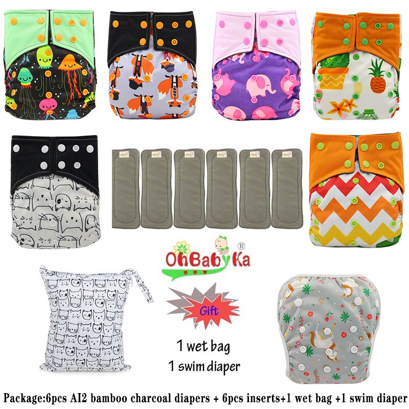 Ohbabyka AI2 wiederverwendbar Tuch Windeln für Mädchen, einstellbare Waschbar Windel 6 stücke + 6 stücke Bambus Holzkohle Einsätze + nass Tasche + Schwimmen Windel: 85