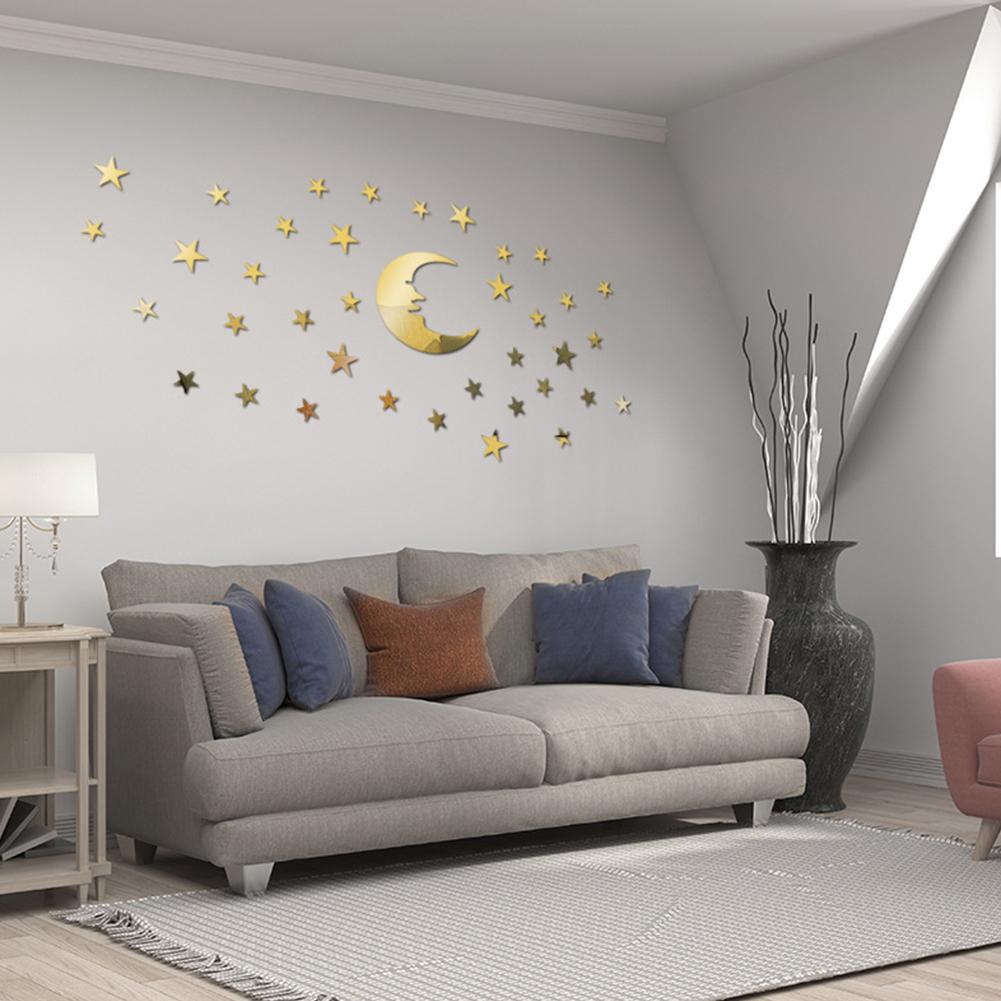 39Pcs/Set Mirror Wall Stickers with Moon Star Pattern Decor for House Children Kids Bedroom Living Room