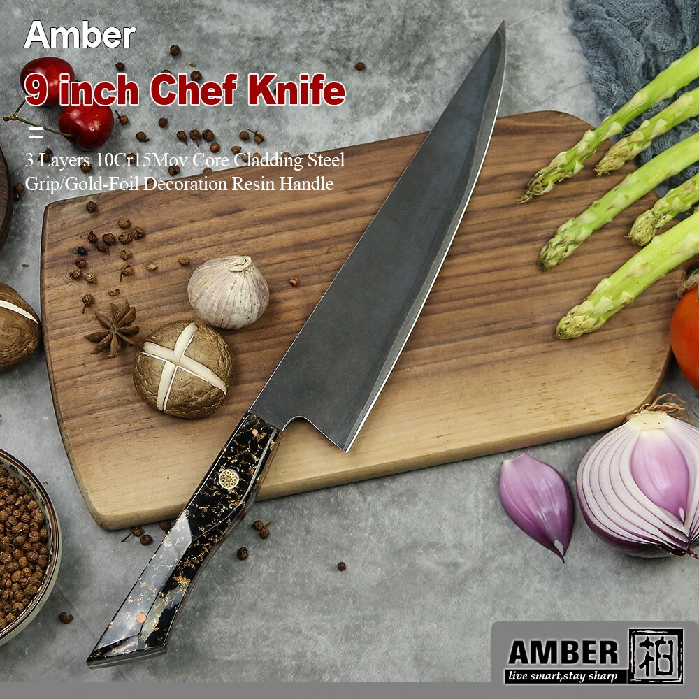 AMBER Kitchen Knife 10Cr18Mov 3 Layers Cladding Steel Chef Knife Gold-Foil Resin Handle Chinese Cleaver Knives Cooking