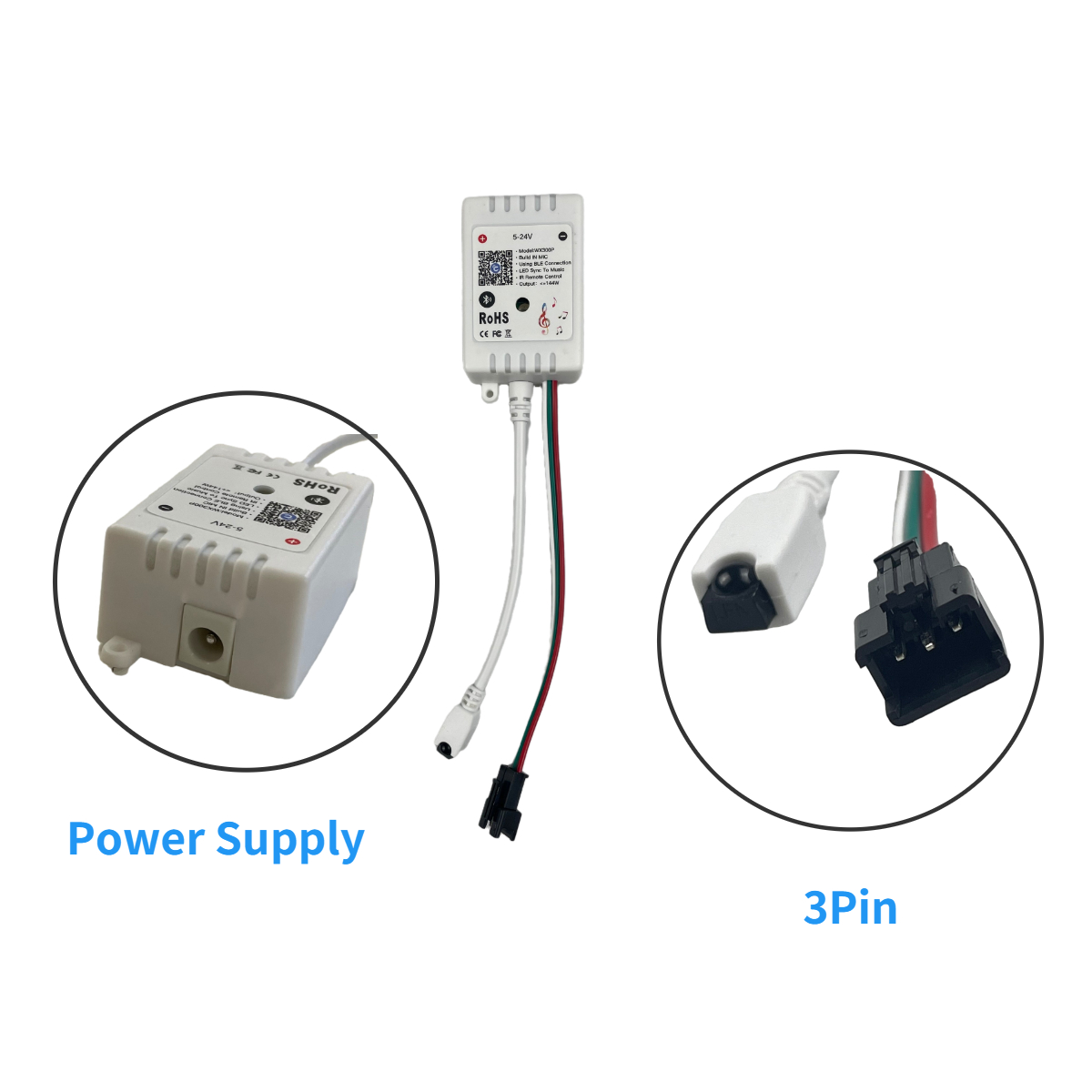 3- pin rgb + cw + ww dimmable controller for rgb led strip lights, 5v-24v bluetooth app control, supports voice control via alexa and google assistant