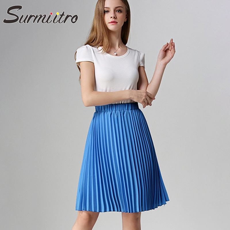 Surmiitro, Falda plisada de gasa para verano, para mujer, , Midi, largo hasta la rodilla, unicolor, 2 capas, cintura alta, falda de corte a para escuela y sol para mujer