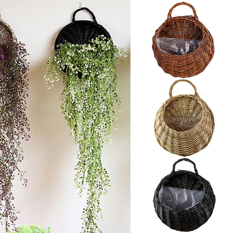 Håndlavet flettet rattan blomsterkurv rattan vase kurv hængende vas væg dekoration opbevaringsbeholder plante kurv til haven