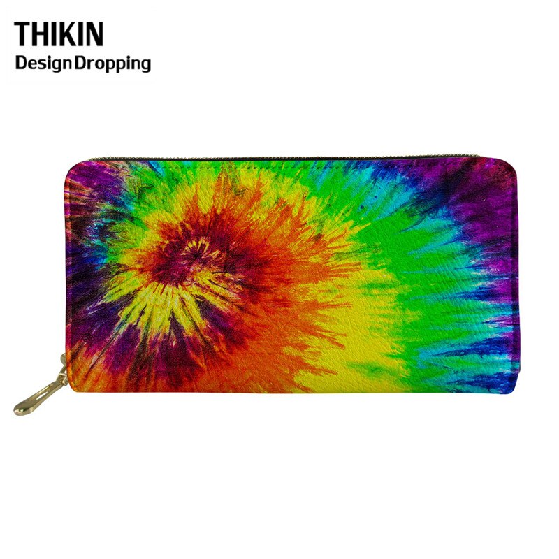 THIKIN Colorful Tie-dye Pattern Women Leather Wallet Ladies Travel Long Purse Phone Bag Daily Capacity Coin Bags: Brown