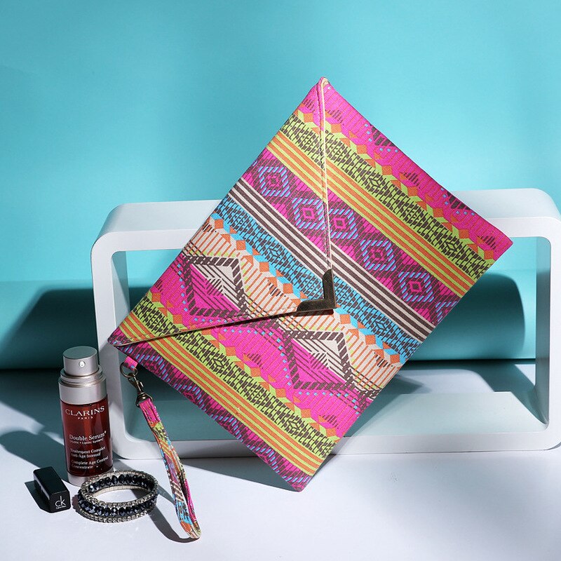Moda Retro Mulheres Embreagem Saco Envelope Vento Étnico Padrão Geométrico Menina Sacos de Mão do Bolso Da Lona Sacola Saco Do Mensageiro IPad Rosa
