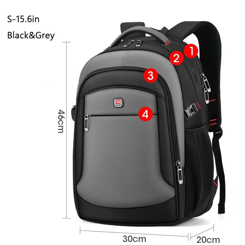 Mochila de negocios de 16 pulgadas para hombre, bolsa para ordenador portátil multifuncional, sencilla e informal, resistente al agua, mochila para estudiante de 4 capas: S-15.6in Black-Grey