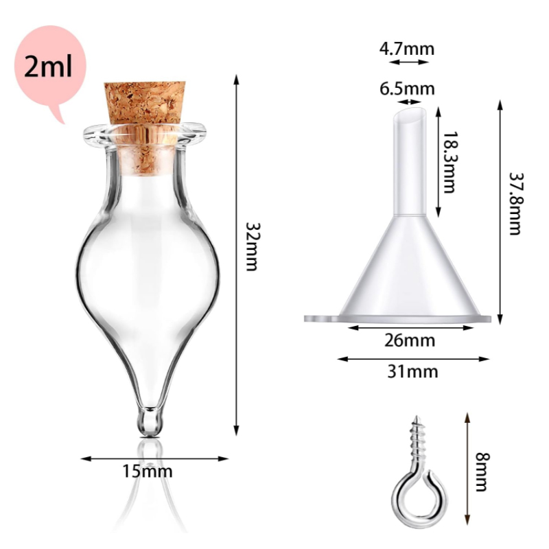 5-10 pezzi piccoli mini barattoli di bottiglie di vetro con tappi di sughero, 100 viti a occhiello e 1 ottavino imbuti creazione di gioielli fai da te