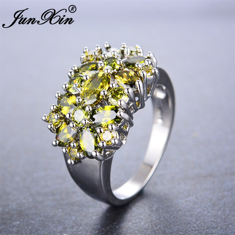 Junxin moda femminile peridot fiore zircone anello di lusso in oro bianco riempito di cristallo gioielli vintage anelli di cerimonia nuziale per le donne