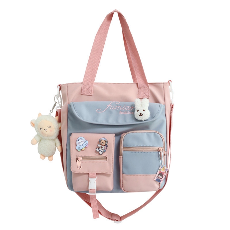 D0LF Korean Japanese Style Cute Large Capacity Tote Bag for Women Teen Girls Candy Color Patchwork One Shoulder Crossbody School